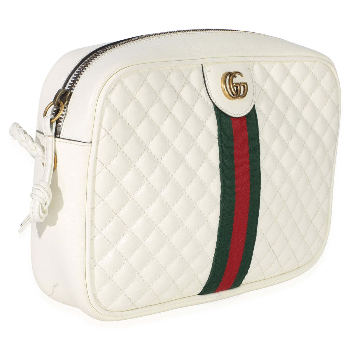 Gucci White Calfskin Web Trapuntata Medium GG Shoulder Bag Handbag pv