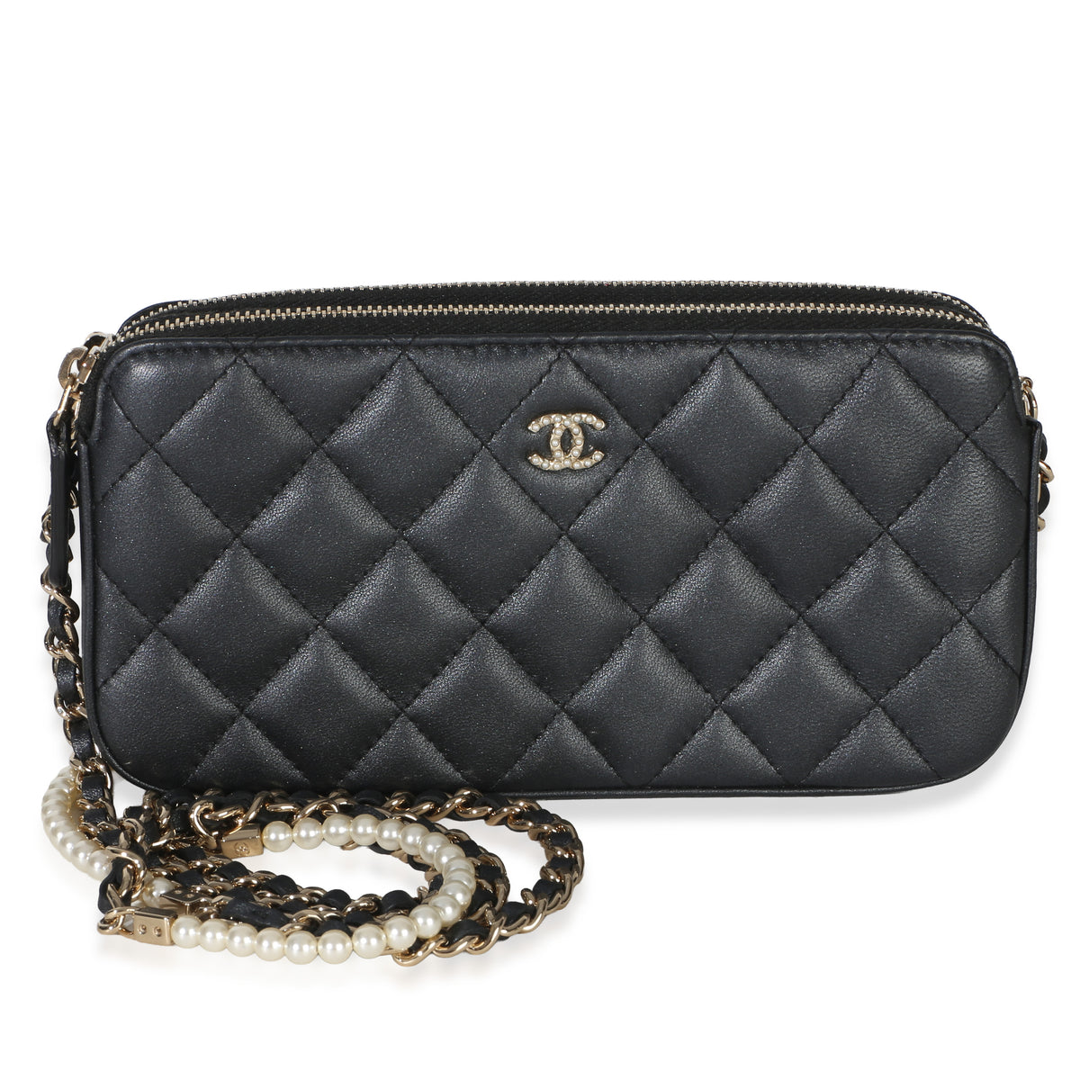 Chanel Black Quilted Lambskin Pearl CC Double Zip Clutch With Chain Handbag fv
