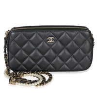 Chanel Black Quilted Lambskin Pearl CC Double Zip Clutch With Chain Handbag fv