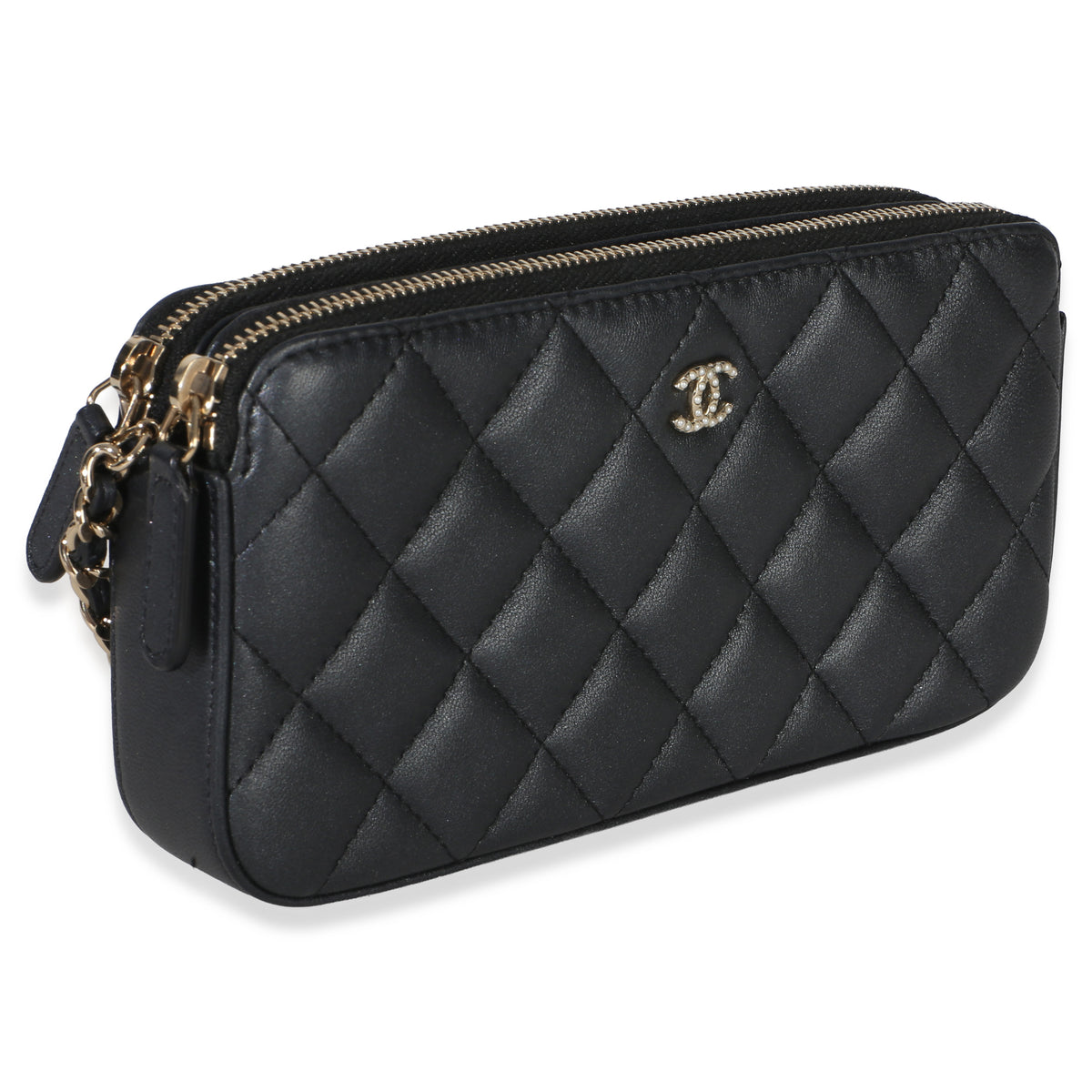 Chanel Black Quilted Lambskin Pearl CC Double Zip Clutch With Chain Handbag pv