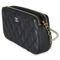 Chanel Black Quilted Lambskin Pearl CC Double Zip Clutch With Chain Handbag sv
