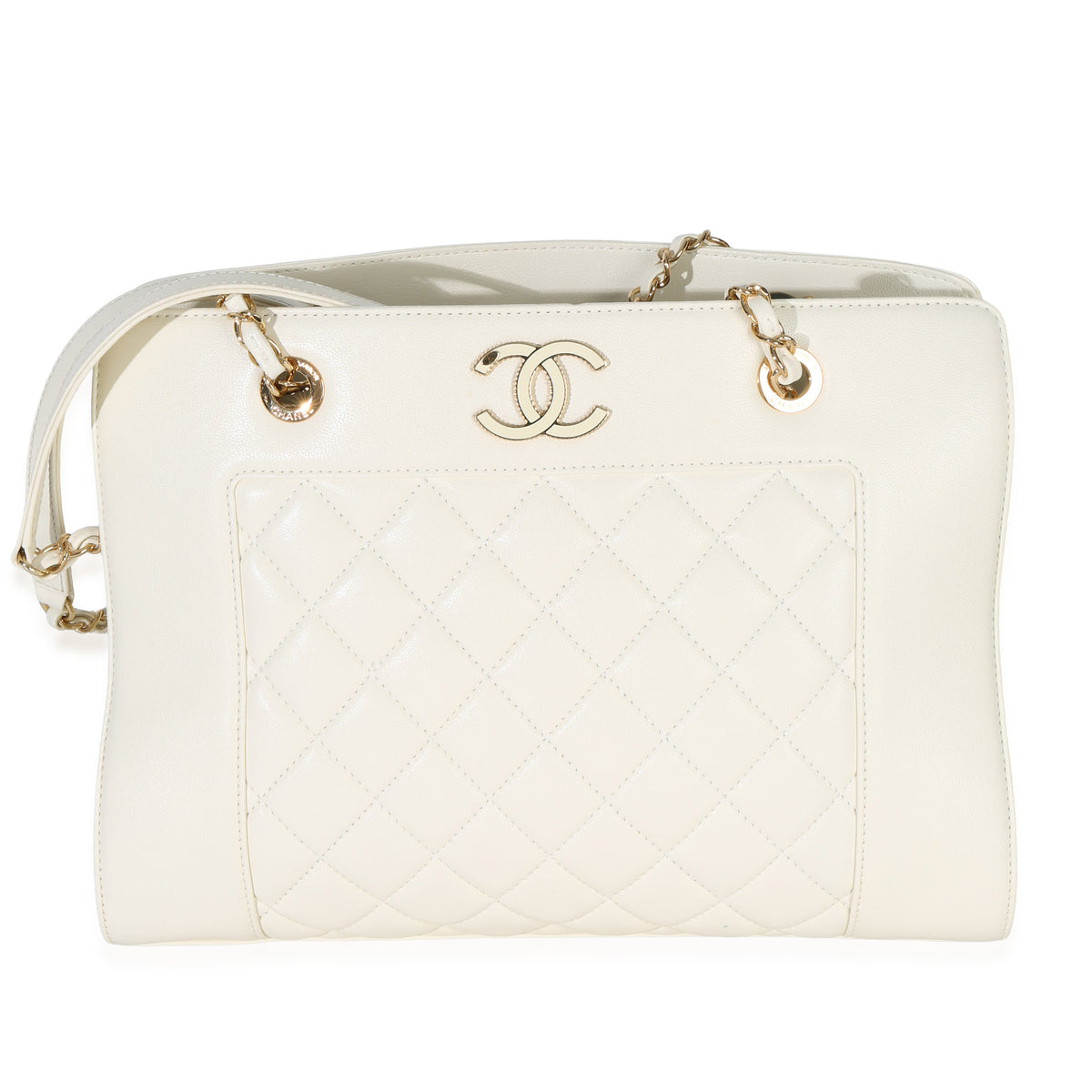 Chanel White Quilted Sheepskin Mademoiselle Medium Vintage Shopping Tote Handbag id