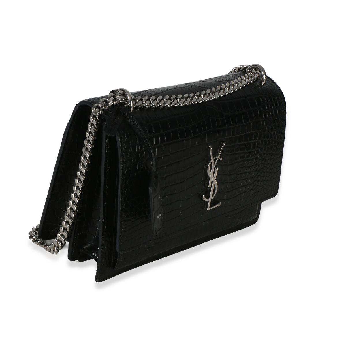 Saint Laurent Black Croc Embossed Calfskin Medium Monogram Sunset Bag Handbag 3