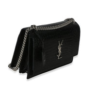Saint Laurent Black Croc Embossed Calfskin Medium Monogram Sunset Bag Handbag 3