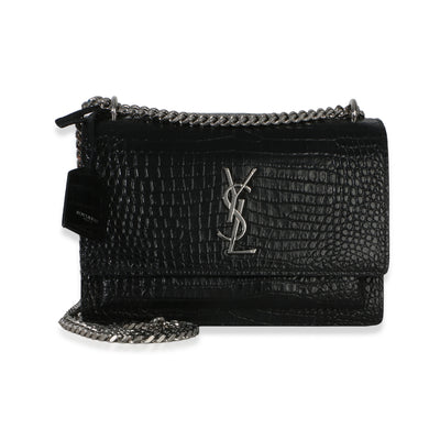 Saint Laurent Black Croc Embossed Calfskin Medium Monogram Sunset Bag Handbag fv