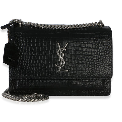 Saint Laurent Black Croc Embossed Calfskin Medium Monogram Sunset Bag Handbag fv