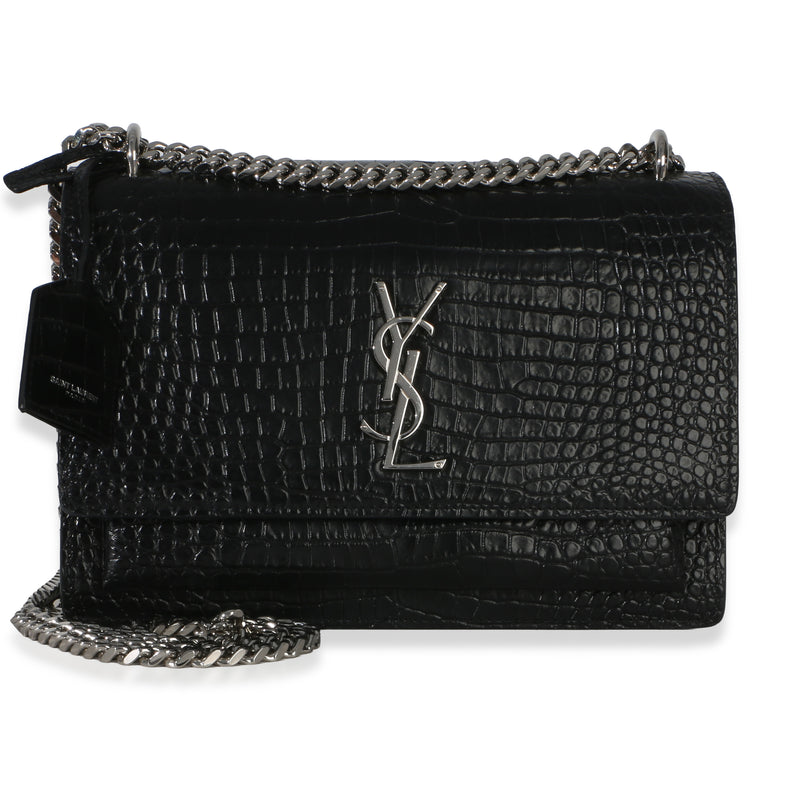 Saint Laurent Black Croc Embossed Calfskin Medium Monogram Sunset Bag Handbag fv