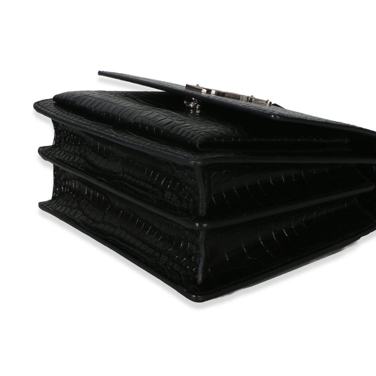 Saint Laurent Black Croc Embossed Calfskin Medium Monogram Sunset Bag Handbag 6
