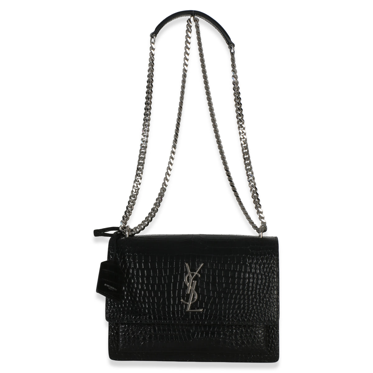 Saint Laurent Black Croc Embossed Calfskin Medium Monogram Sunset Bag Handbag 8
