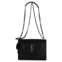 Saint Laurent Black Croc Embossed Calfskin Medium Monogram Sunset Bag Handbag 8