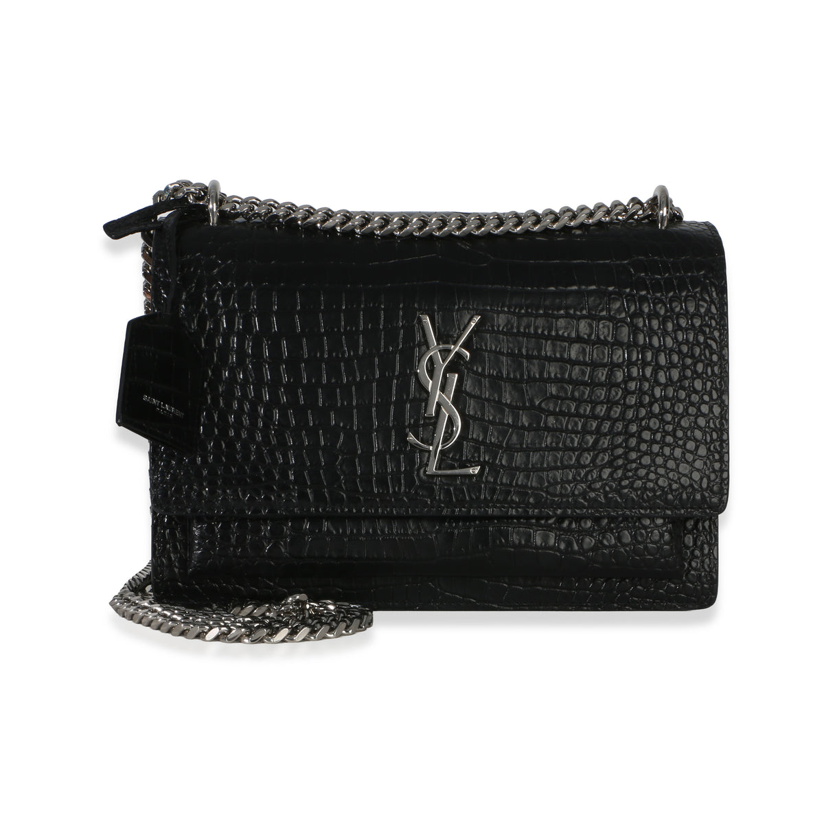 Saint Laurent Black Croc Embossed Calfskin Medium Monogram Sunset Bag Handbag fv
