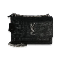 Saint Laurent Black Croc Embossed Calfskin Medium Monogram Sunset Bag Handbag fv