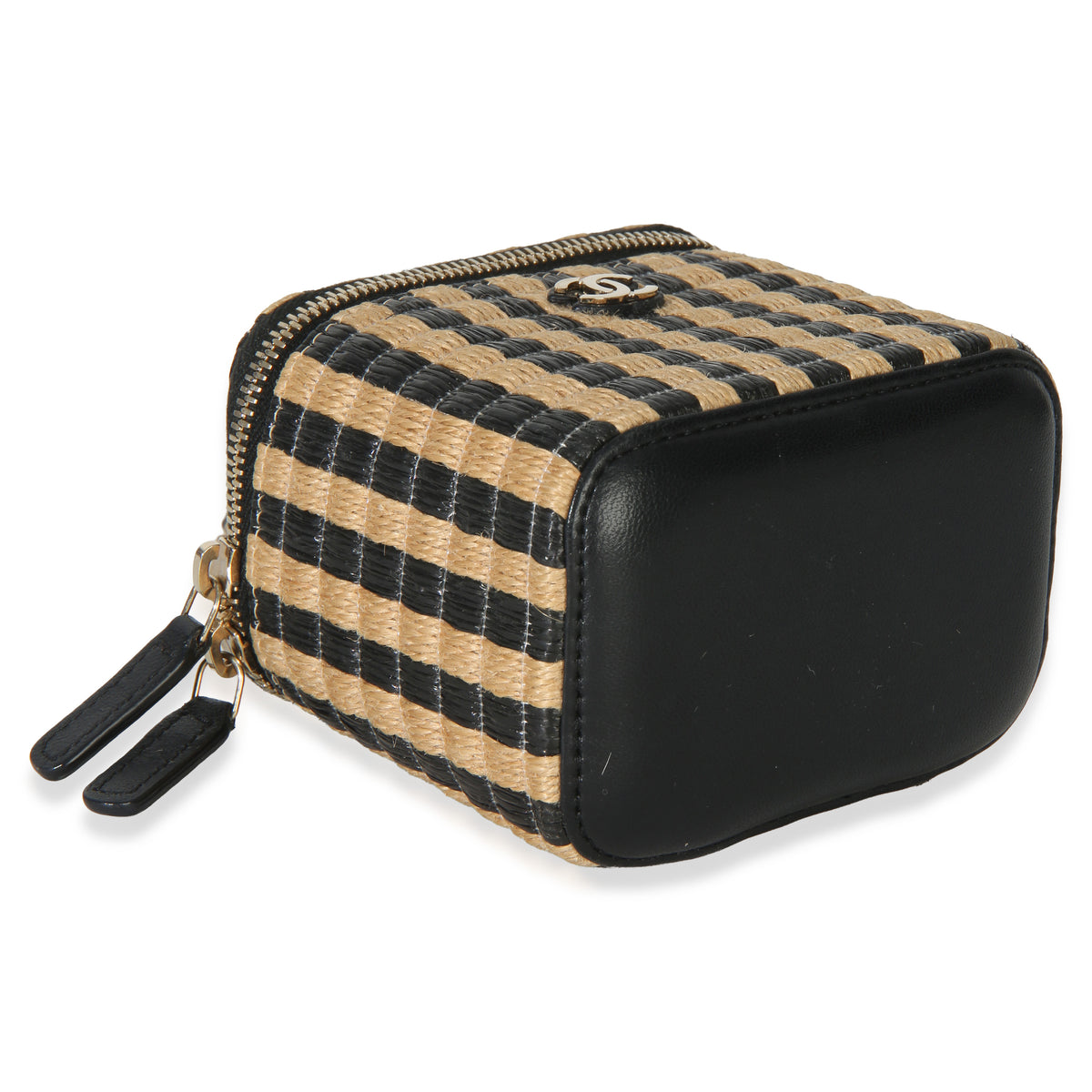 Chanel Black Beige Raffia Jute Striped Mini Vanity Case With Chain Handbag clasp