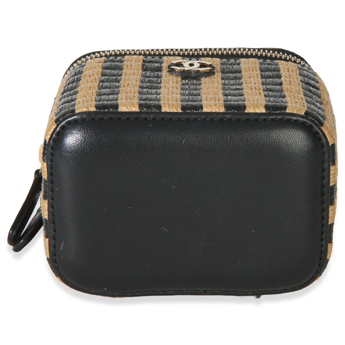 Chanel Black Beige Raffia Jute Striped Mini Vanity Case With Chain Handbag stamp