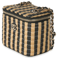 Chanel Black Beige Raffia Jute Striped Mini Vanity Case With Chain Handbag sv