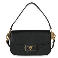 Prada Black Saffiano Lux Leather Embleme Flap Shoulder Bag Handbag fv