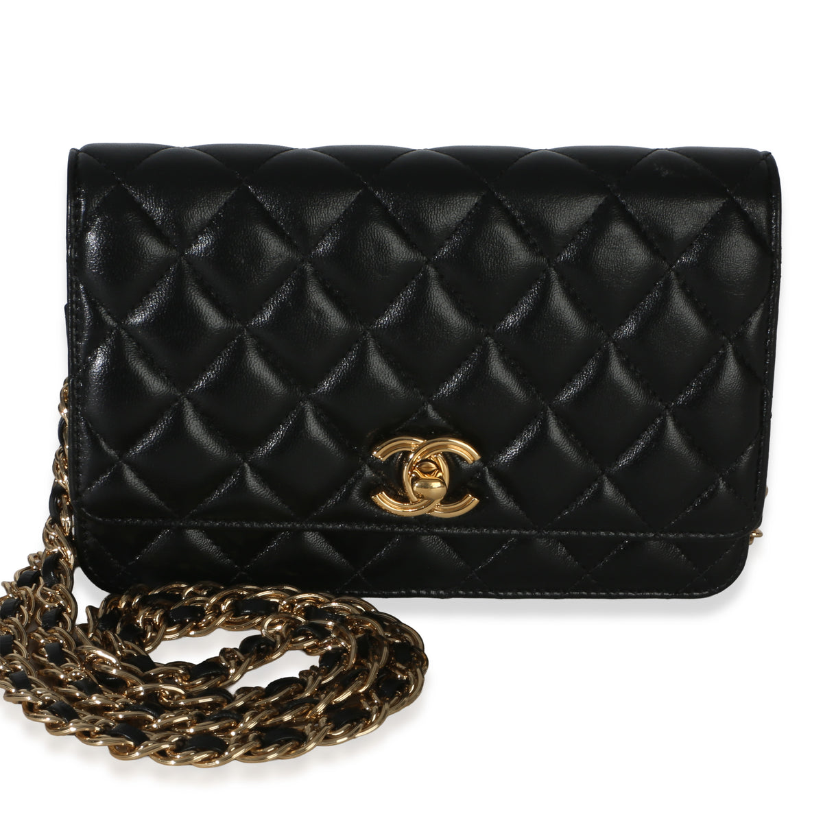 Chanel Black Shiny Calfskin CC Wallet on Chain Handbag fv