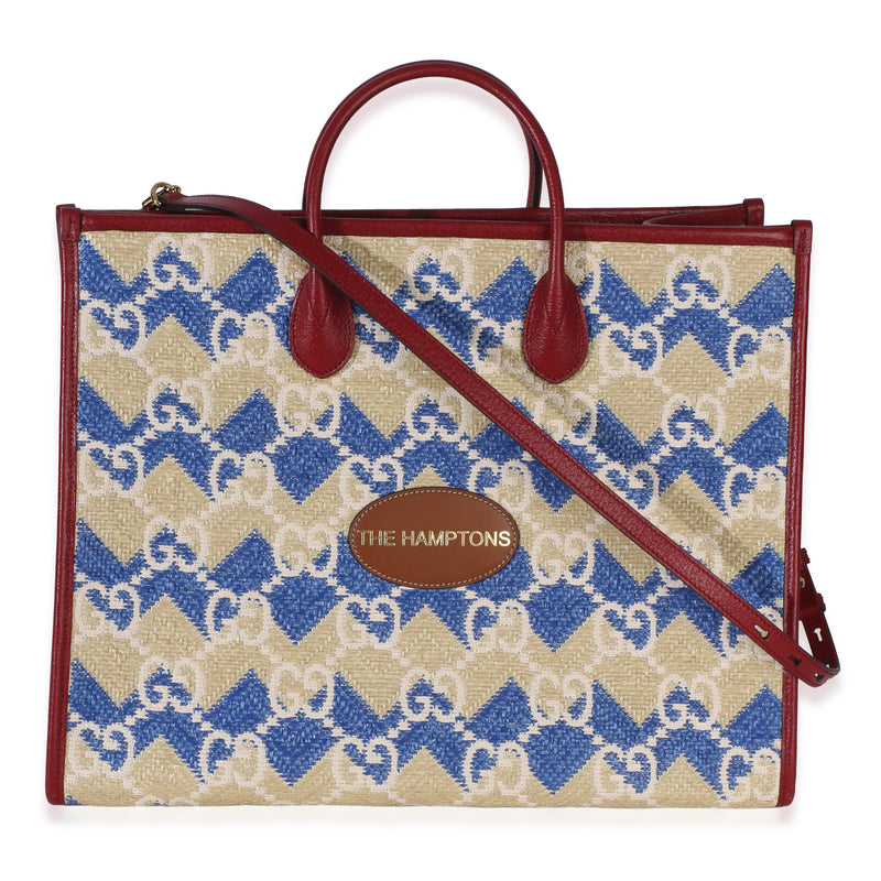 Gucci Red Blue Multicolor 'The Hamptons' GG Raffia Large Tote Handbag fv