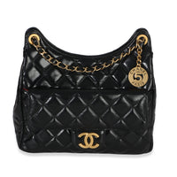Chanel Black Quilted Shiny Crumpled Calfskin Small Wavy CC Hobo Handbag fv