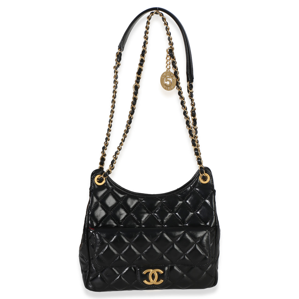 Chanel Black Quilted Shiny Crumpled Calfskin Small Wavy CC Hobo Handbag stamp