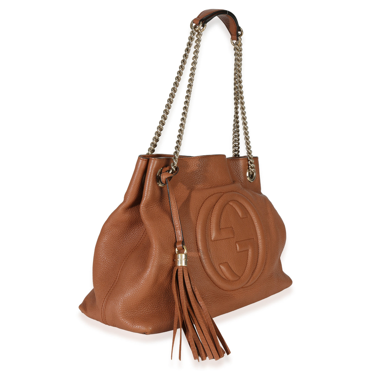 Gucci Brown Pebbled Calfskin Medium Soho Chain Tote Handbag pv