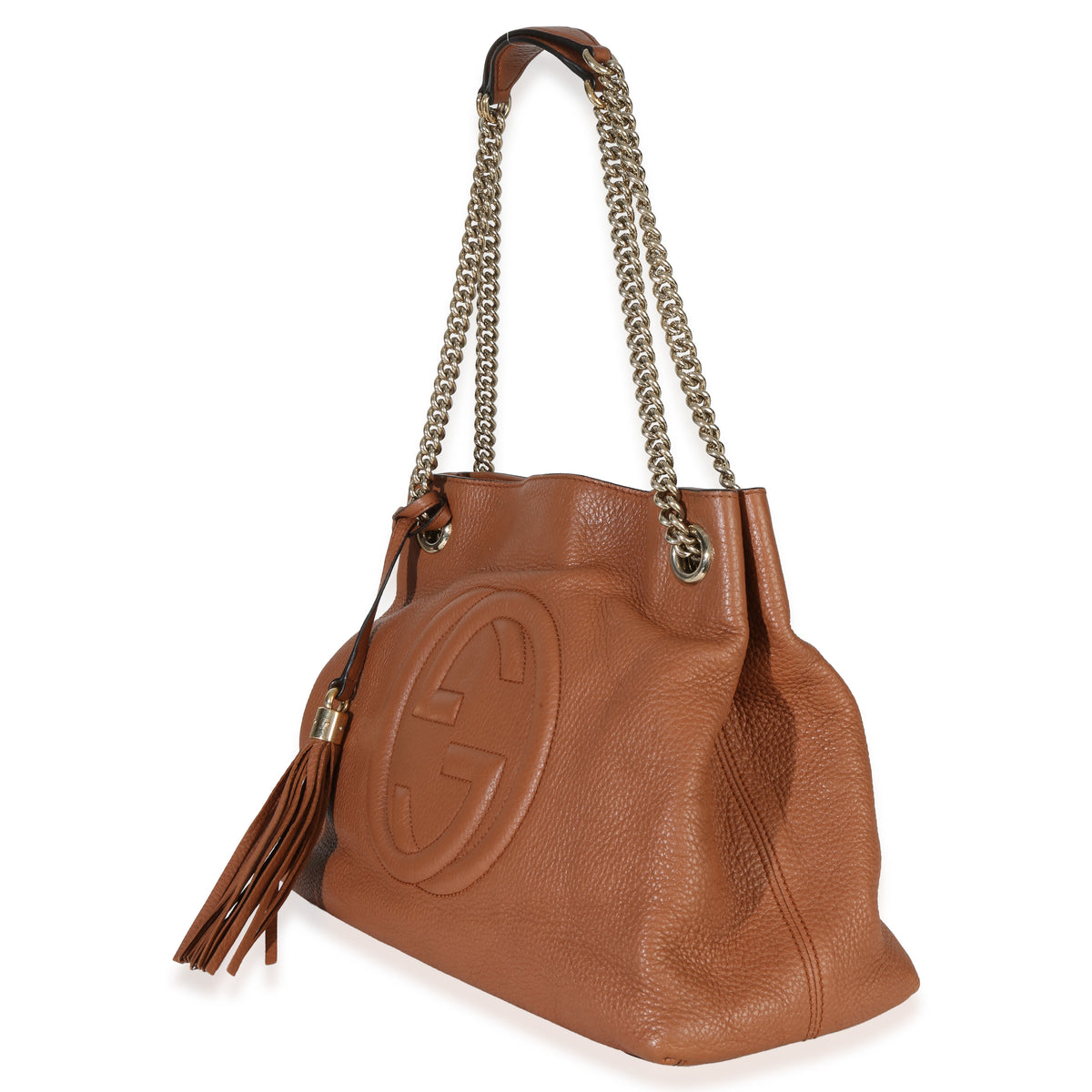 Gucci Brown Pebbled Calfskin Medium Soho Chain Tote Handbag sv