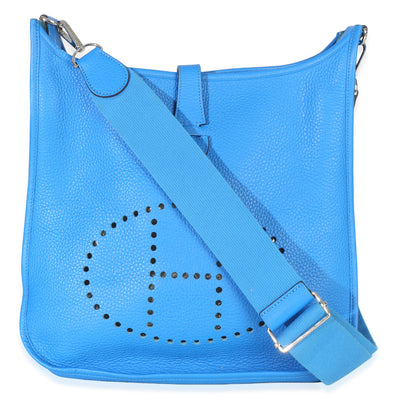 Hermès Bleu Hydra Clemence Evelyne 33 GM PHW Handbag fv