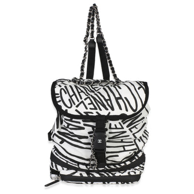 Chanel White Black Nylon Printed Coco Neige Backpack Handbag fv