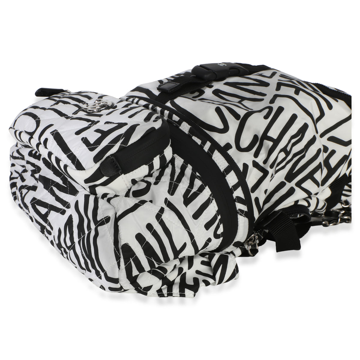 Chanel White Black Nylon Printed Coco Neige Backpack Handbag box