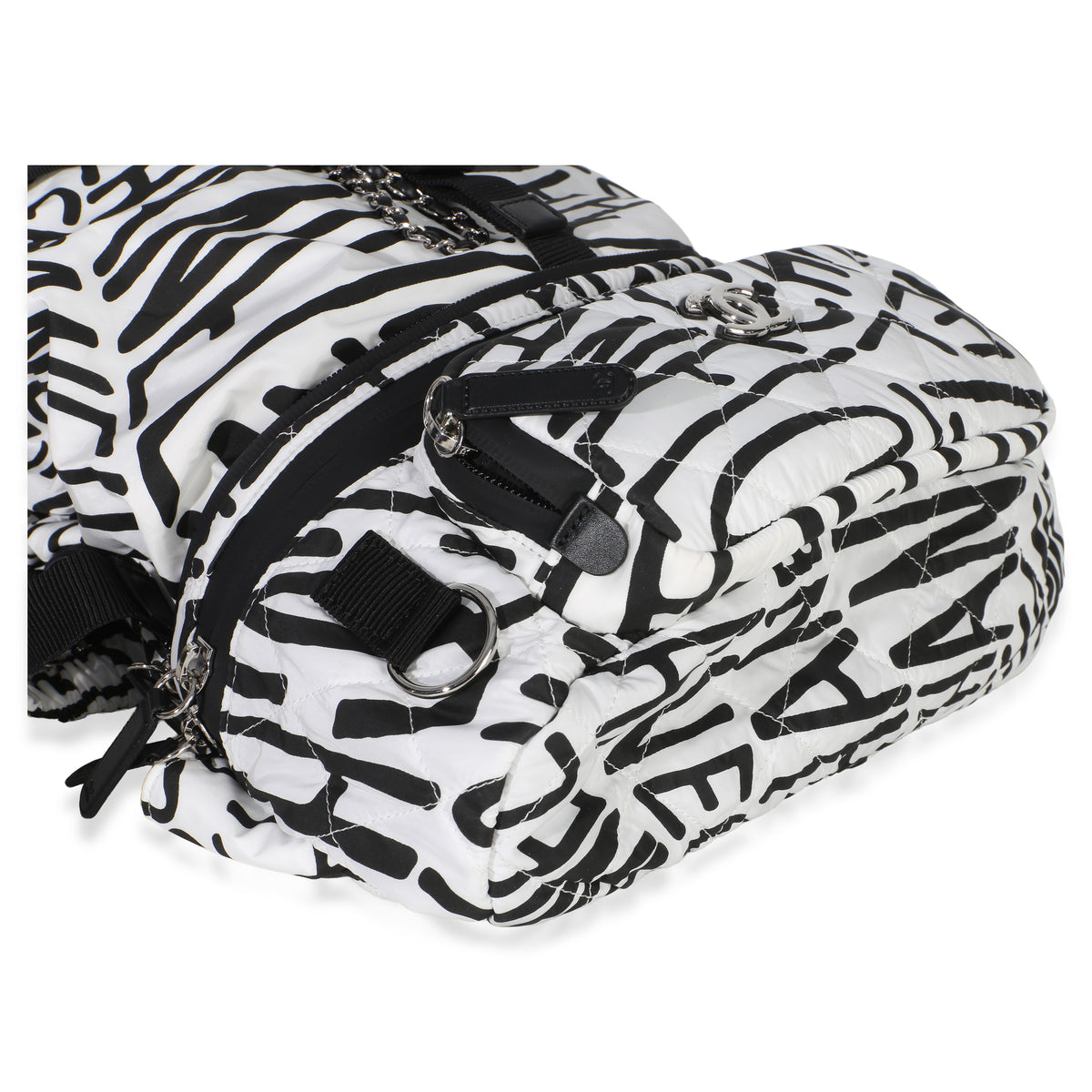 Chanel White Black Nylon Printed Coco Neige Backpack Handbag clasp