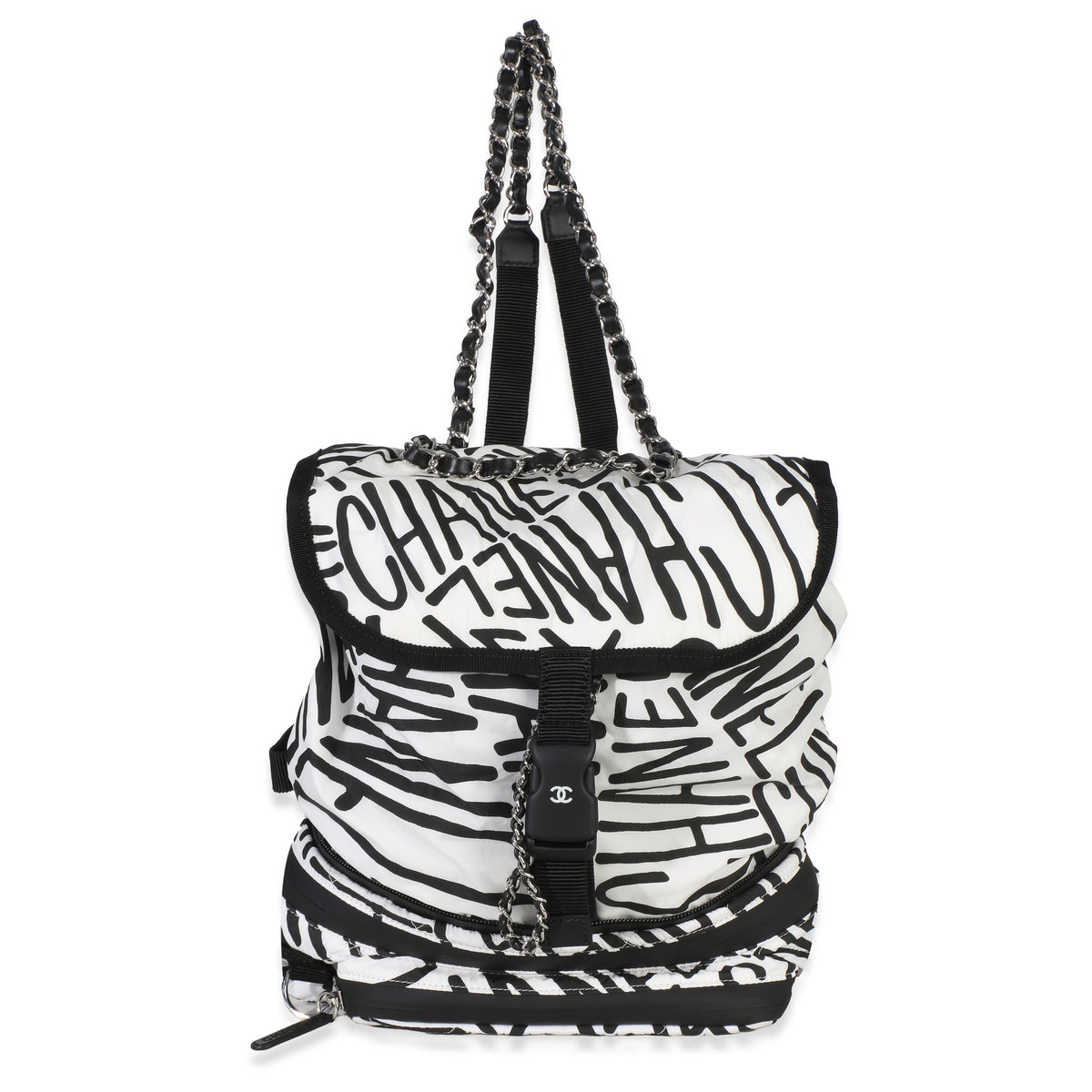Chanel White Black Nylon Printed Coco Neige Backpack Handbag fv