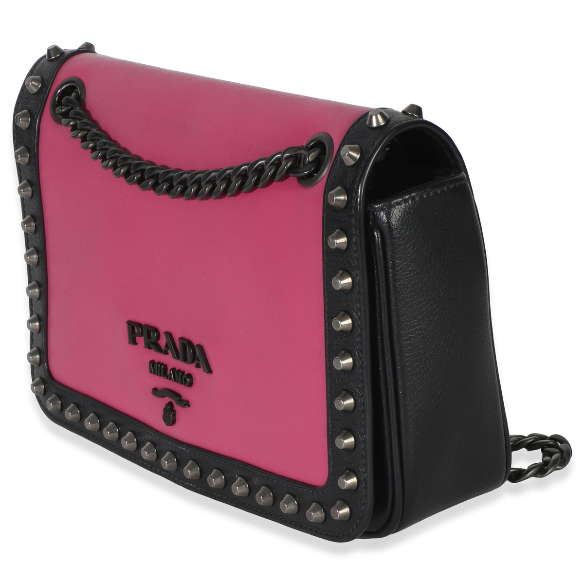 Prada Black Pink Calfskin Glace Studded Chain Flap Handbag 2