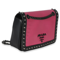 Prada Black Pink Calfskin Glace Studded Chain Flap Handbag 3