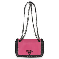 Prada Black Pink Calfskin Glace Studded Chain Flap Handbag 8