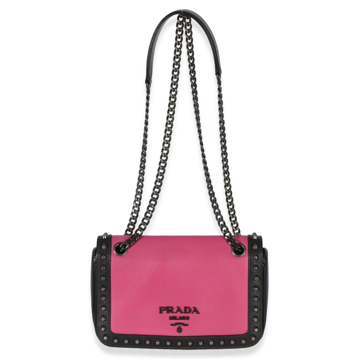 Prada Black Pink Calfskin Glace Studded Chain Flap Handbag 8