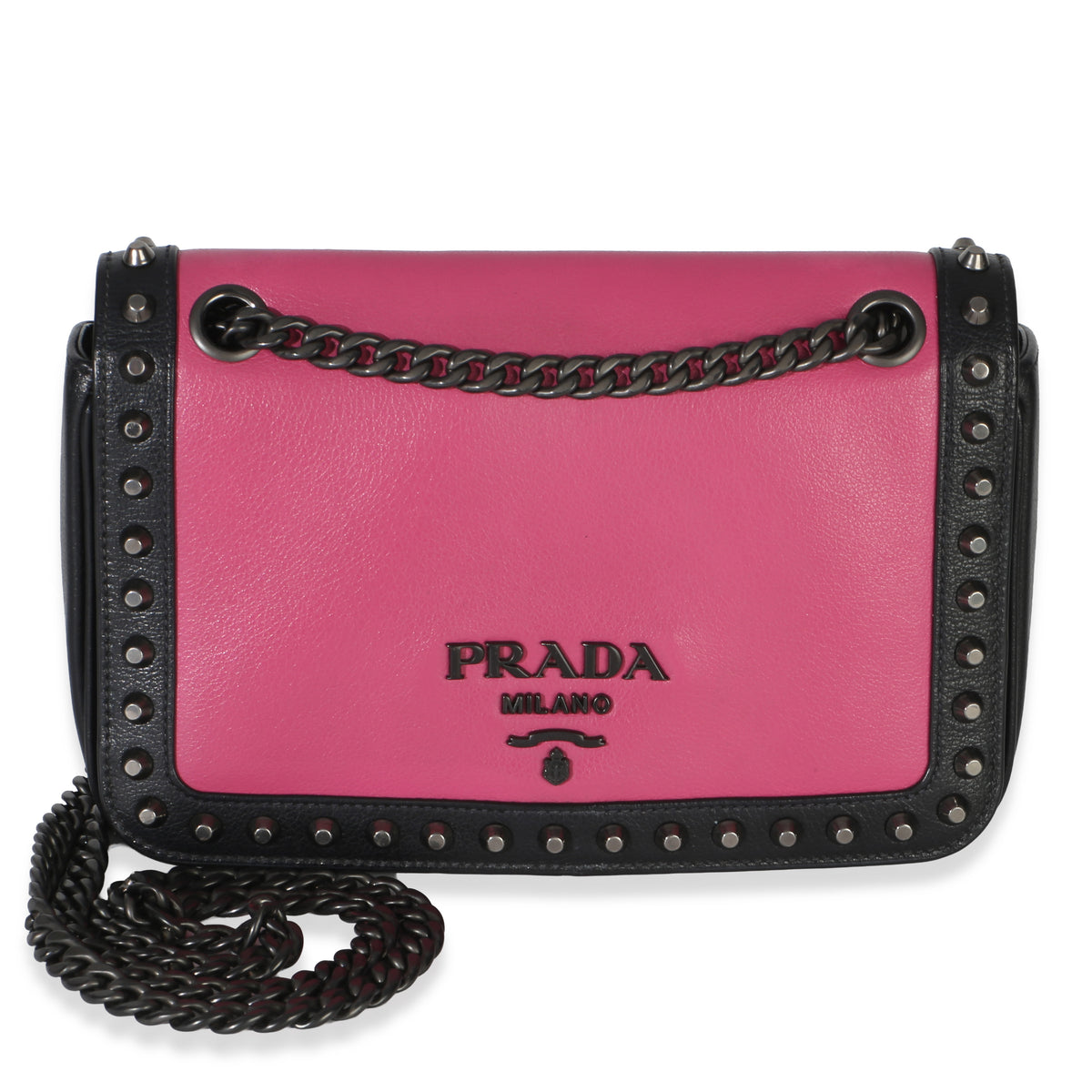 Prada Black Pink Calfskin Glace Studded Chain Flap Handbag fv