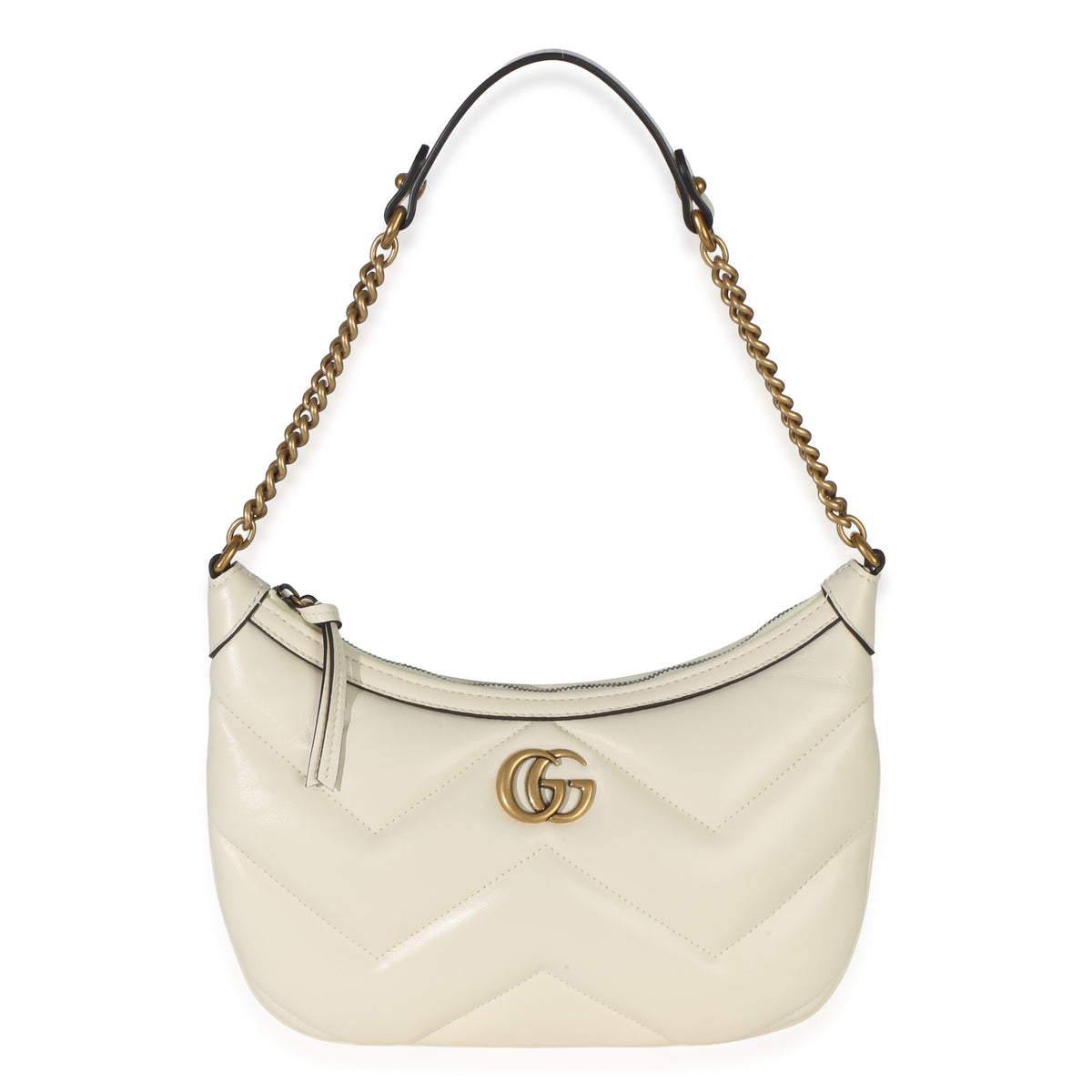 Gucci Cream GG Marmont Matelasse Small Chain Moon Hobo Handbag fv