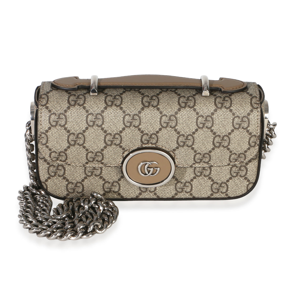 Gucci Beige Ebony GG Supreme Senna Petite GG Top Handle Chain Shoulder Bag Handbag fv