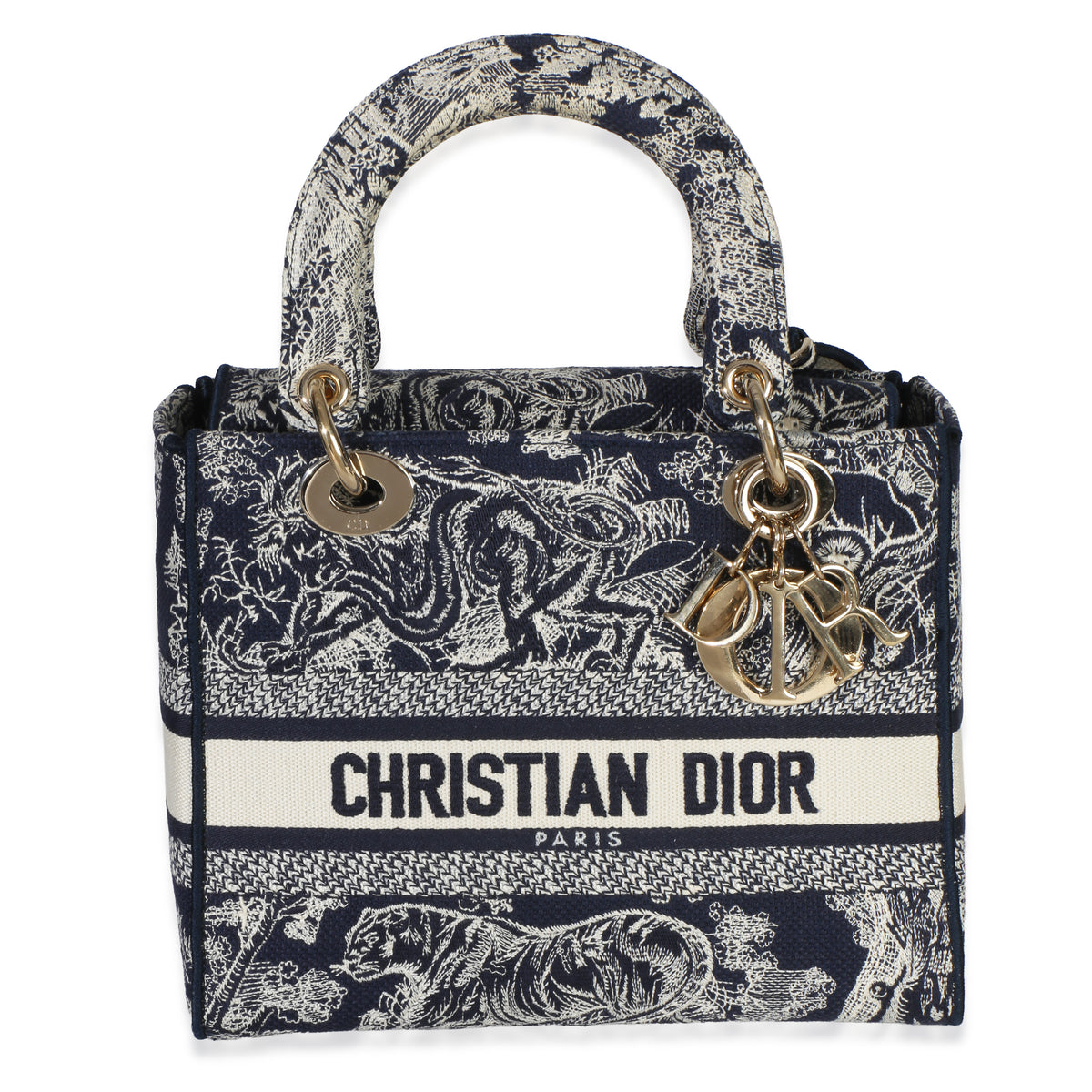 Christian Dior Navy Canvas Toile De Jouy Embroidered Medium Lady D Lite Handbag fv