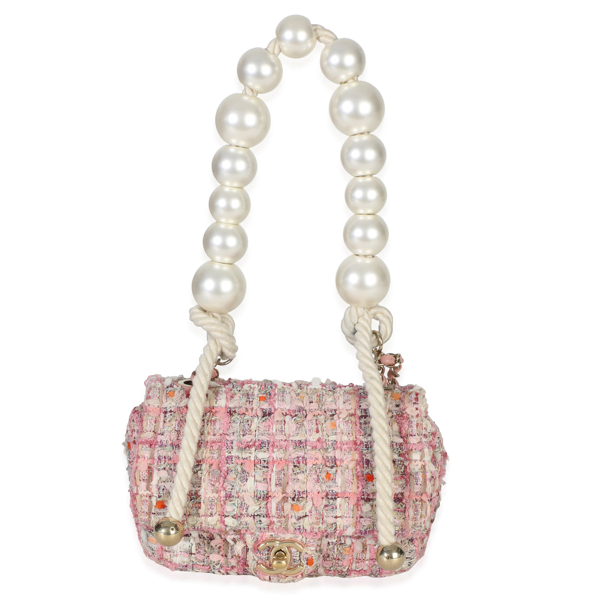 Chanel Pink Multicolor Tweed Mini Pearl Handle Flap Bag Handbag id