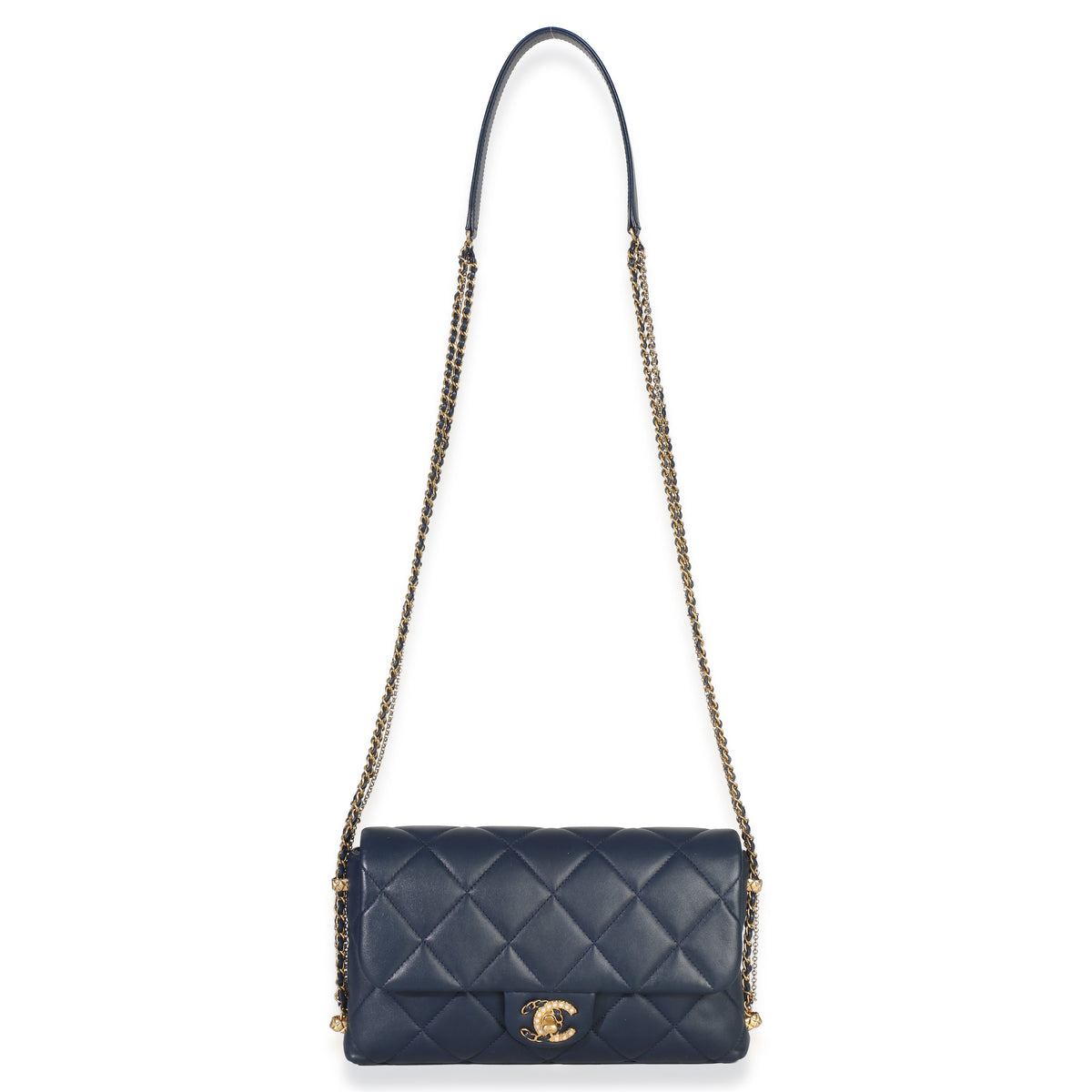 Chanel Navy Quilted Lambskin Pearl CC Crush Small Triple Chain Flap Bag Handbag av