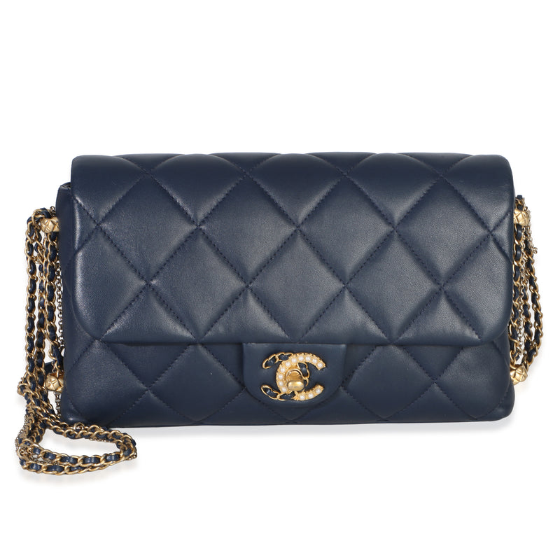 Chanel Navy Quilted Lambskin Pearl CC Crush Small Triple Chain Flap Bag Handbag fv