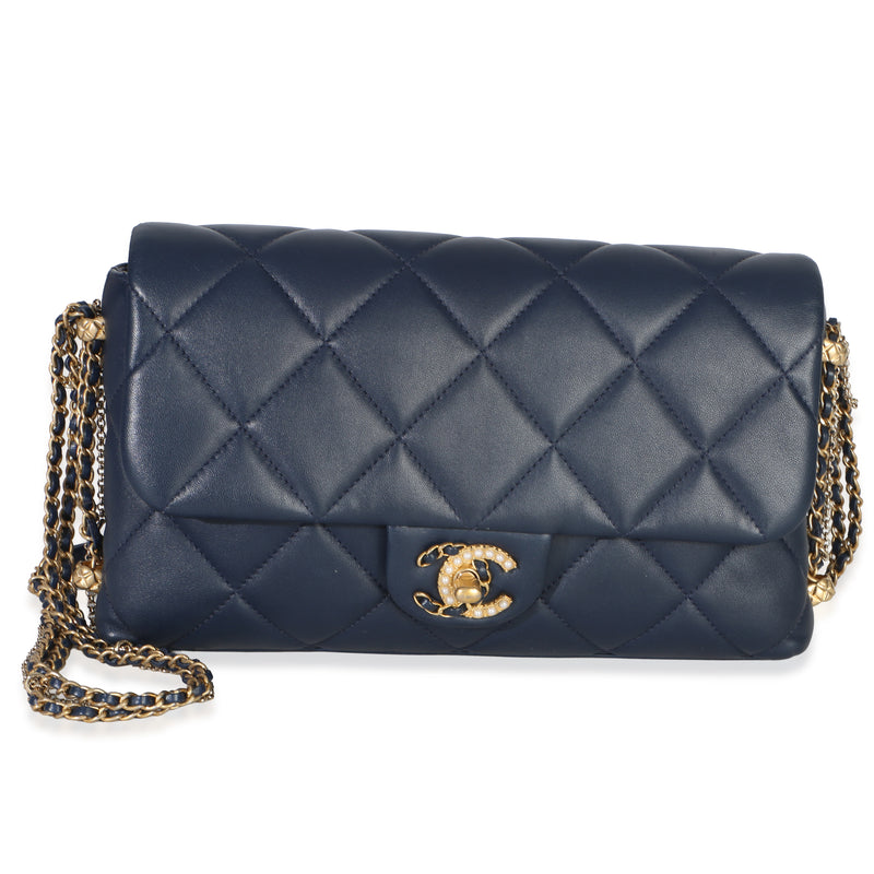 Chanel Navy Quilted Lambskin Pearl CC Crush Small Triple Chain Flap Bag Handbag id