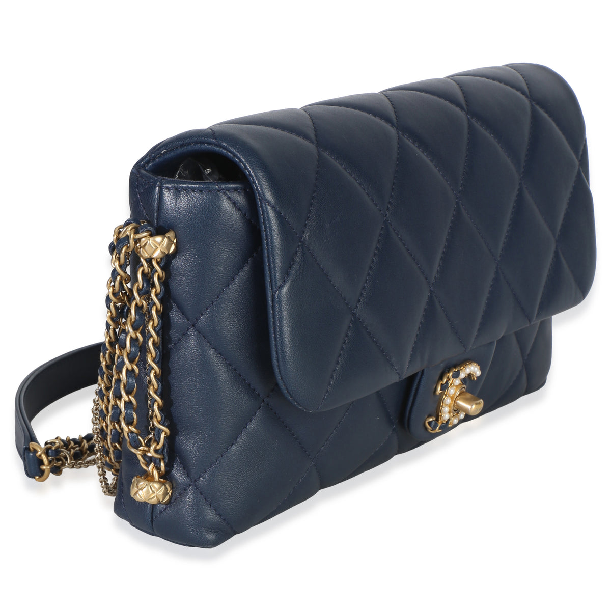 Chanel Navy Quilted Lambskin Pearl CC Crush Small Triple Chain Flap Bag Handbag pv