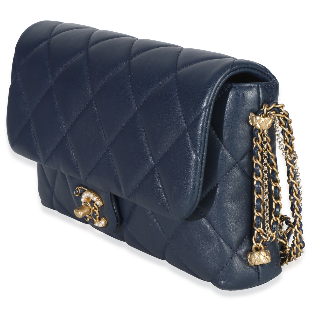 Chanel Navy Quilted Lambskin Pearl CC Crush Small Triple Chain Flap Bag Handbag sv