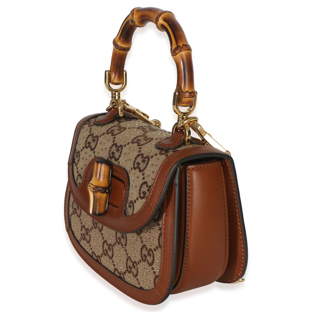 Gucci Camel GG Supreme Canvas Calfskin Crystal Small Bamboo 1947 Top Handle Handbag 2