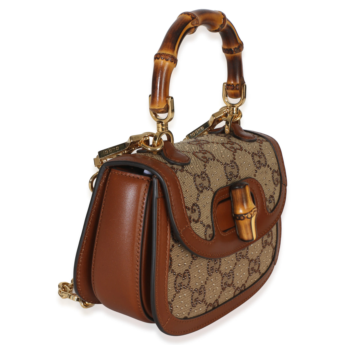 Gucci Camel GG Supreme Canvas Calfskin Crystal Small Bamboo 1947 Top Handle Handbag 3