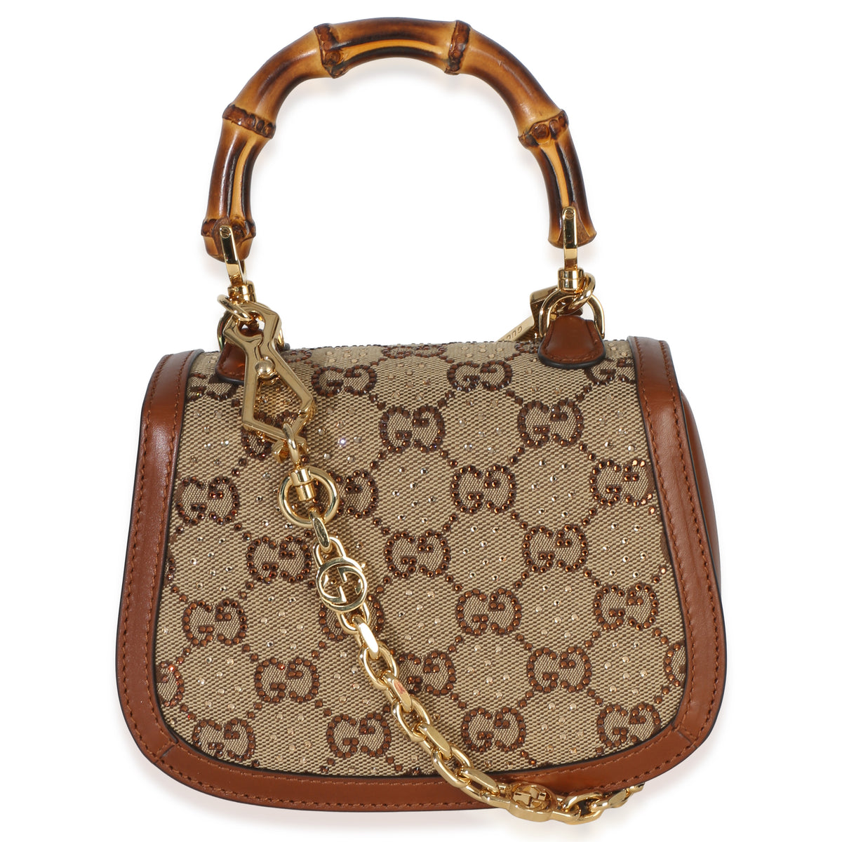 Gucci Camel GG Supreme Canvas Calfskin Crystal Small Bamboo 1947 Top Handle Handbag 4