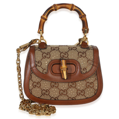 Gucci Camel GG Supreme Canvas Calfskin Crystal Small Bamboo 1947 Top Handle Handbag fv