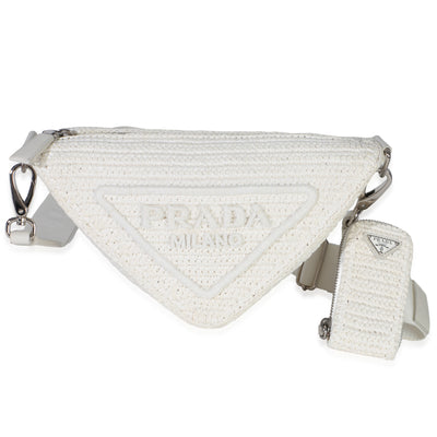 Prada White Raffia Effect Crochet Triangle Shoulder Bag Handbag fv